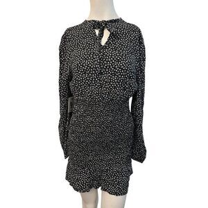 Large Ruffled Black Mini Dress Elastic Waist Long Sleeve Ties At Neck NWT